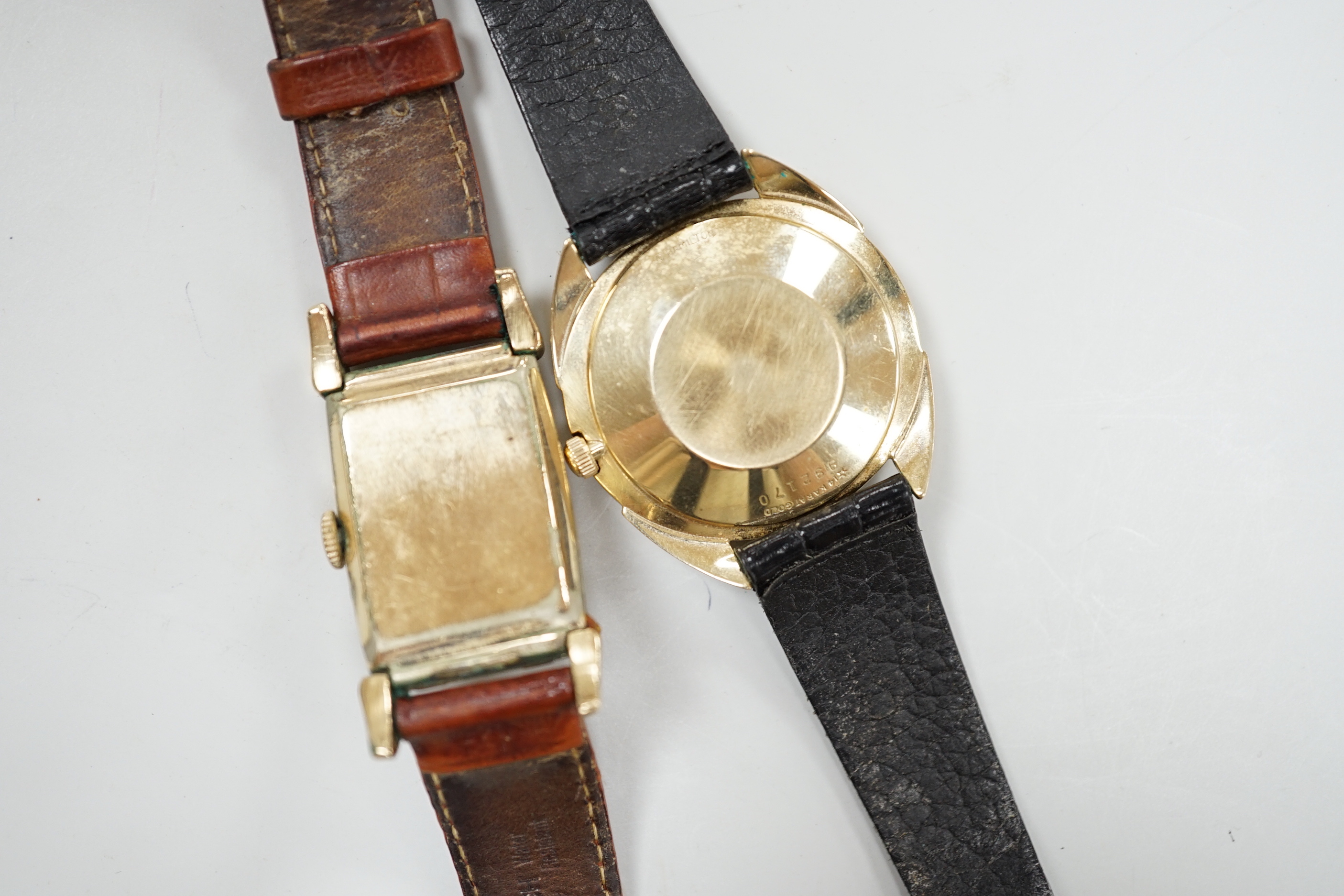 A gentleman's 14K gold Hamilton self winding wrist watch and a gold plated Witnauer wrist watch